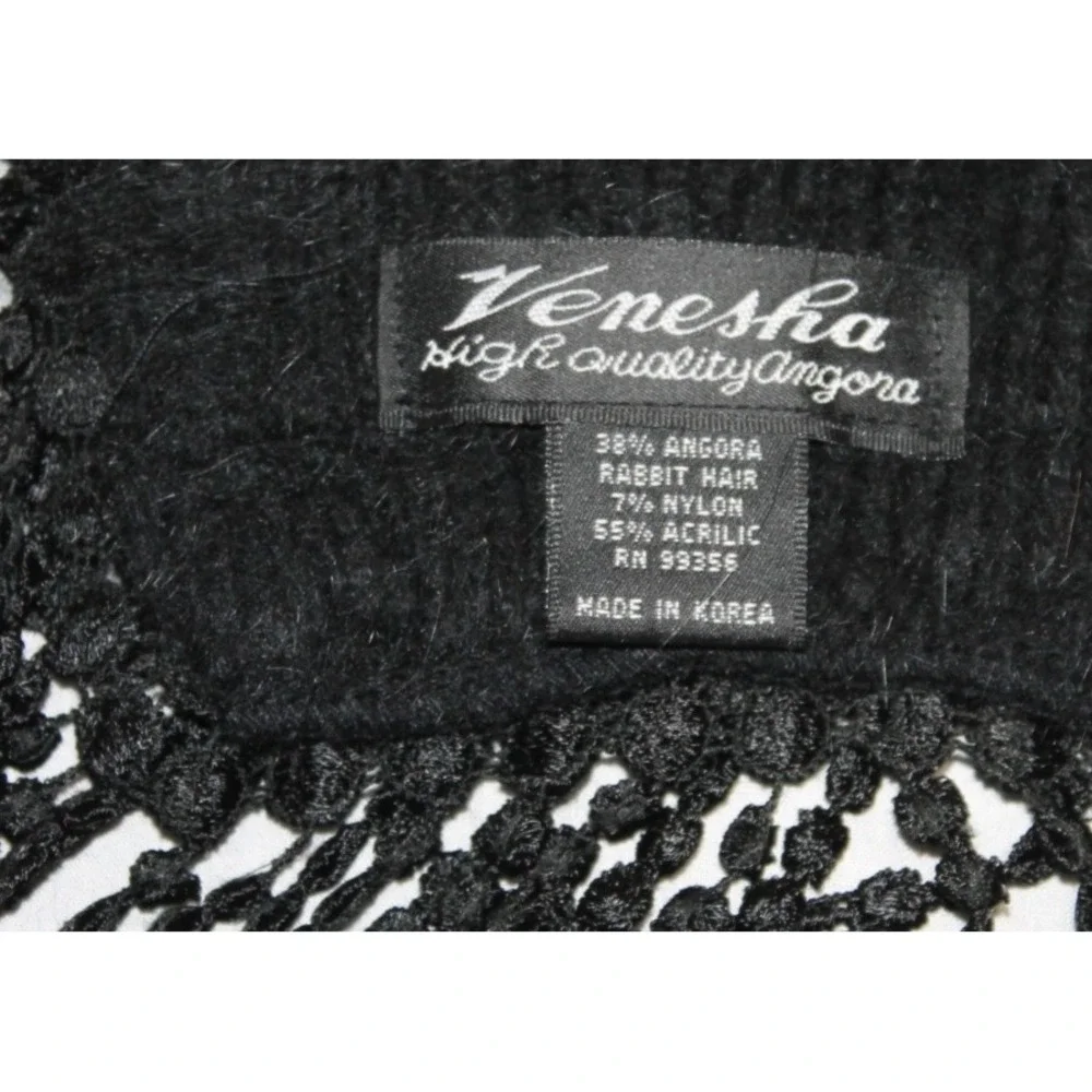 Venesha Black Angora Rabbit Hair Triangle Shawl Wrap Beaded Fringe Korea 70x11